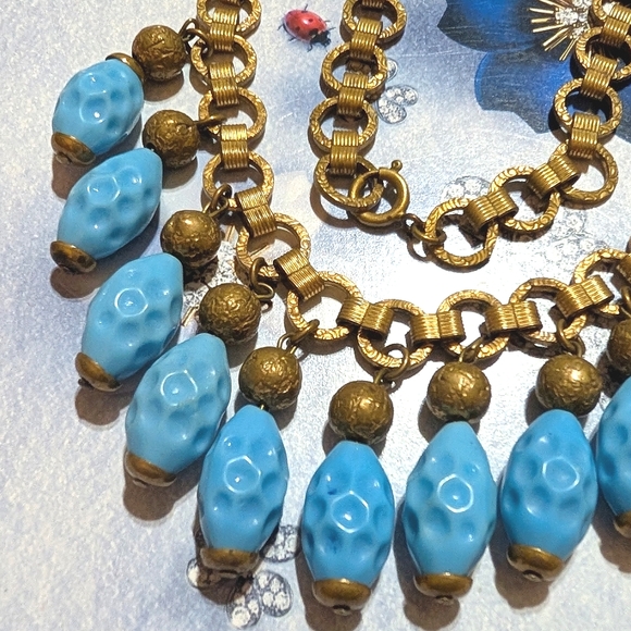 Antique Bookchain Czech Molded Pressed Sky Blue Glass Dangles Choker Necklace - Picture 6 of 8